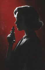 A woman in silhouette holds a chess king piece, set against a red background. The figure is wearing a dress and necklace, with a classic hairstyle.