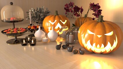 Halloween Pumpkin Decoration with Candles and Vases on Wooden Table