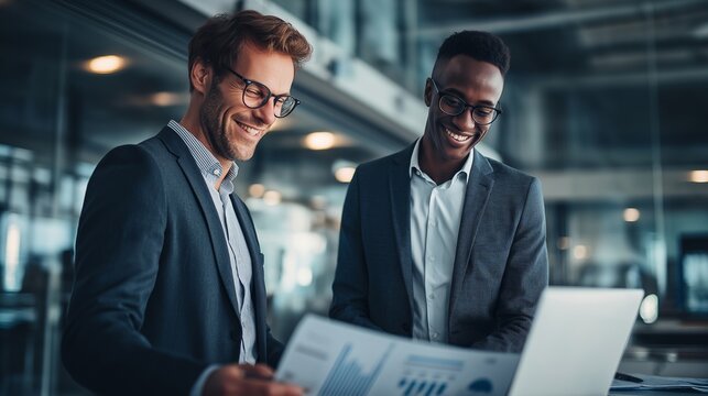 Businessmen analyze data in office. Smiling coworkers review financial reports for marketing, web design, and editorial use. Collaboration. - Powered by Adobe