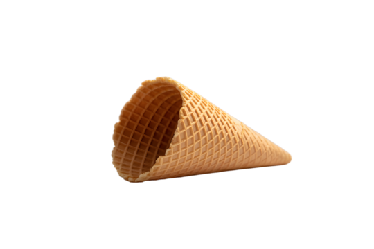 Crisp Empty Waffle Ice Cream Cone Close Up Angled Shot with a Seamless Transparent Background for Easy Integration on transparent background
