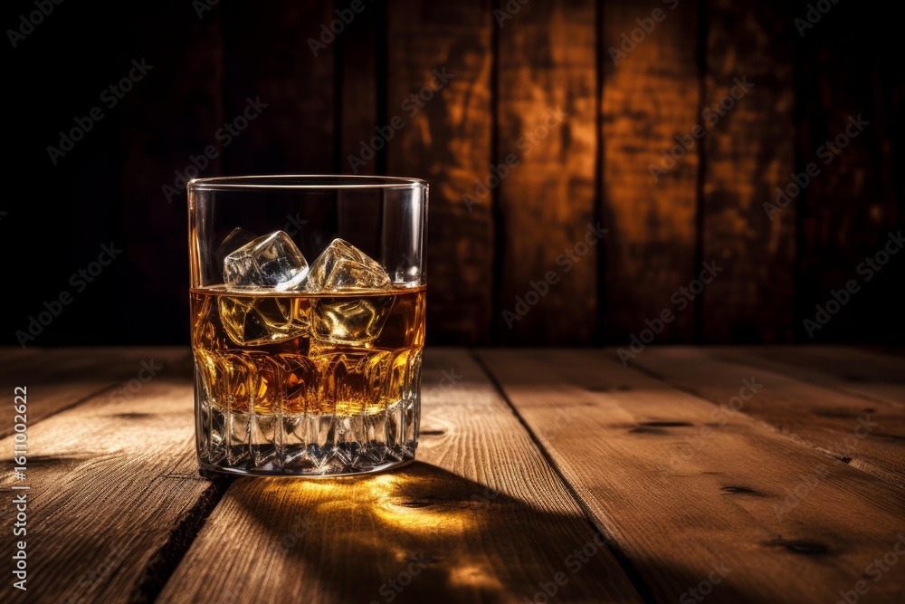 Poster whiskey with ice cubes is sitting on a rustic wooden table in a warm, inviting setting