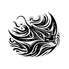 Stylized stingray illustration with flowing lines and tribal patterns