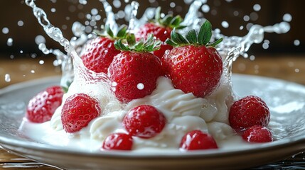 Strawberries splashing milk, dessert, wooden table, studio shot, food photography