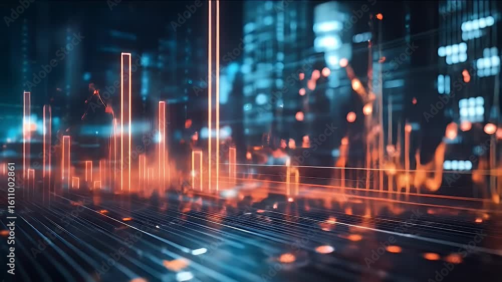 Poster abstract data visualization with orange bars and blue background in digital style