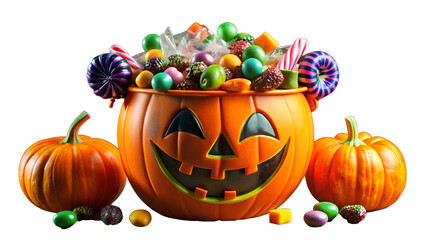 A grinning halloween pumpkin bucket overflowing with assorted candies and lollipops, with smaller pumpkins nearby isolated on transparent background