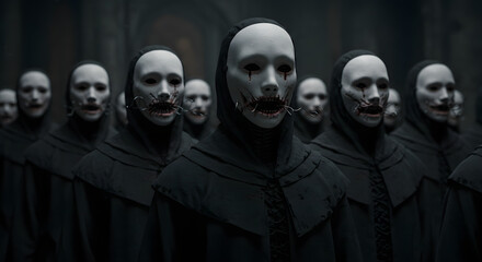 A group of figures in black robes and white masks with wire inserts, and bloody facial modifications, standing in formation. Dark background present.