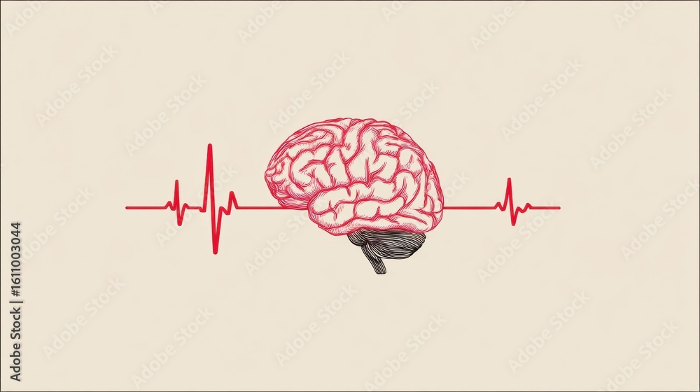 Poster minimal design featuring a brain with a heartbeat line overlay, emphasizing health and vitality in a