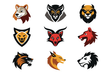 Vector art of a collection of fierce animal mascot logos featuring wolves, foxes, and other predators isolated on white background