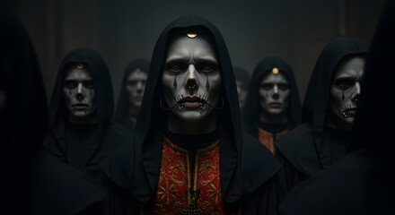 A group of figures in black hooded robes with skull-like facial markings stand in a dim environment, facing forward. One figure is in focus.