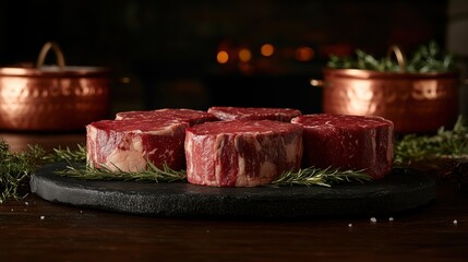Fresh Ribeye Steaks on Slate Board in Rustic Kitchen