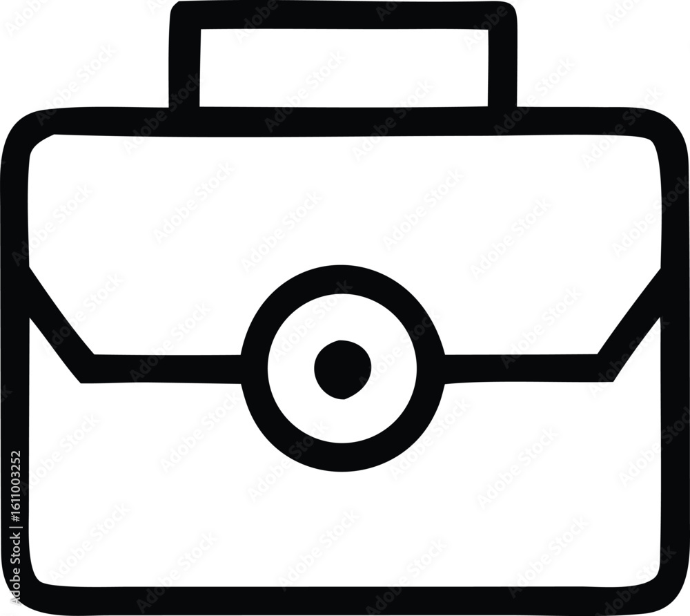 Poster simple outline icon of a classic briefcase with a central circular clasp and top handle representing