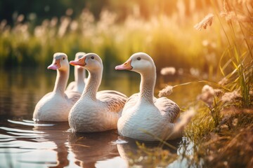Group American Buff Geese Enjoying