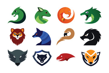 Vector art of a collection of animal and dragon mascot logo designs isolated on white background