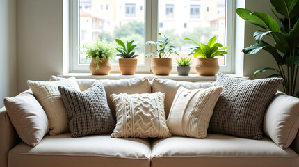 Warm indoor scene featuring textured cushions, earthy plant decor and serene ambiance