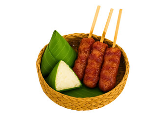 grilledsausage, thaistickyrice, fermentedsausagethai, thaisausage, isaanfood, thaiisanfood, stickyriceinbananaleaf,