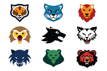 Vector art of a set of cartoon animal mascot logo designs isolated on white background