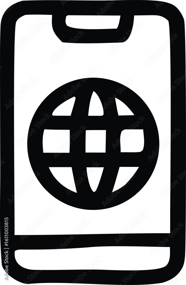 Poster hand drawn sketch of a smartphone displaying a stylized globe icon representing internet or global c