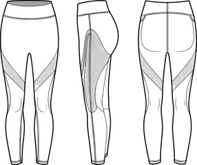 CAD drawing flat vector illustration of stylish women’s leggings, mesh panel detail, fashion garment layout, 