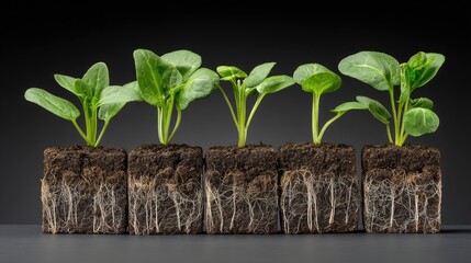 Row of young plants in small cubic plots of soil, roots visible