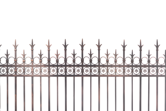 Ornate Metal Fence with Floral Design and Spear Topped Pickets Isolated on Transparent Background metal fence floral design spear topped pickets isolated transparent background The