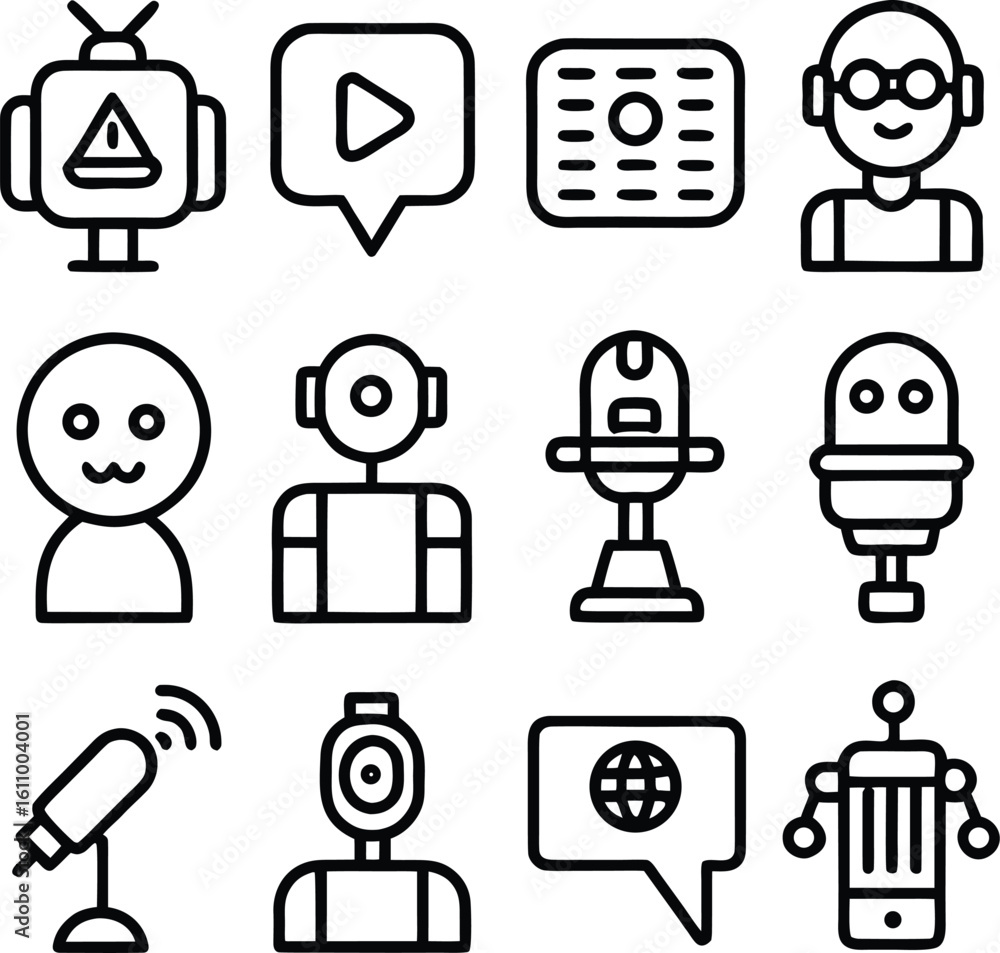 Aufkleber a collection of simple black and white line art icons depicting various robots microphones and commu