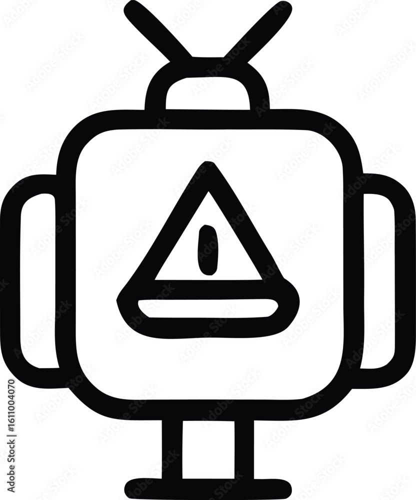 Poster stylized line art icon of a retro television displaying a warning triangle symbol with an exclamatio