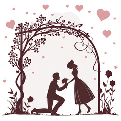 Bride and groom kissing on wedding day in romantic illustration style