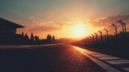 Obraz premium this image captures a serene moment at a race track during sunset. the sky is filled with the warm hues of the setting sun, casting long shadows and creating an atmosphere of tranquility