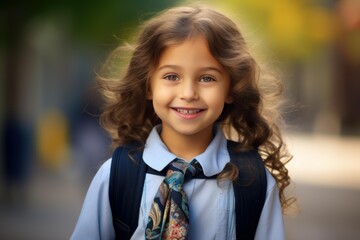 Young girl with a backpack smiling brightly outside