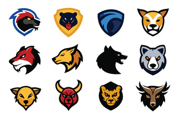 Vector art of a collection of fierce animal mascot logo designs isolated on white background