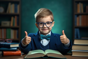 Smiling boy in a suit with books, showing enthusiasm in a library setting