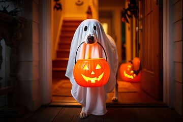 Adorable dog dressed as a ghost holding a jack-o'-lantern basket on Halloween night.