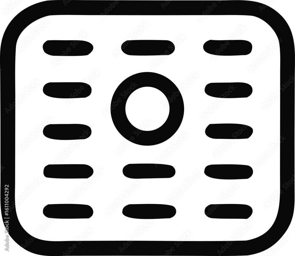 Poster a minimalist black and white icon representing a central circular button surrounded by evenly spaced