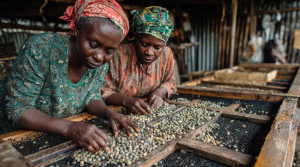 African female workers sorting freshly harvested coffee beans at a washing station in Africa, showcasing hardworking women in agriculture, coffee production, manual labor, sustainable farming,banner