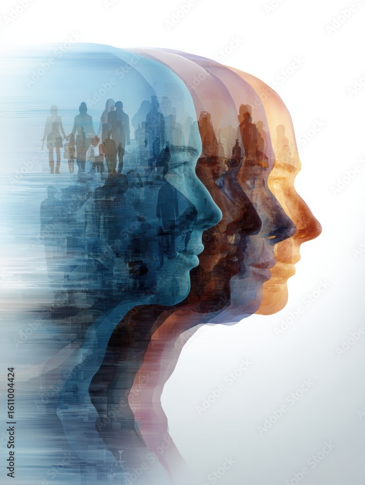 Poster multilayered human heads showcasing evolution with transparent layers and abstract background