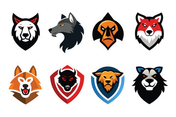 Vector art of a set of fierce animal mascot logos featuring wolves, foxes, and other predators isolated on white background