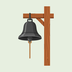 Fototapeta premium A black bell hangs from a brown wooden post against a light background.
