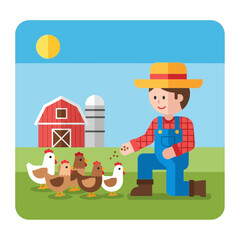 Cartoon farmer feeds chickens near barn on a sunny day.