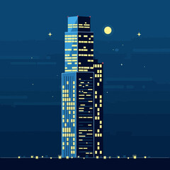 Tall building with illuminated windows at night against a dark blue background.