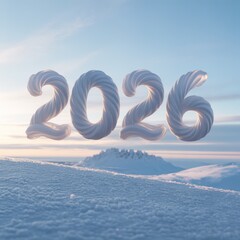 Snowy future '2026' floating over a winter landscape at dawn or dusk