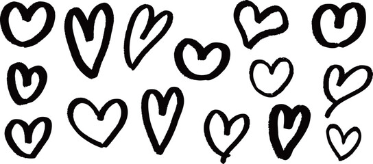 A hand-drawn set of various heart shapes. Vector Illustration isolated on a transparent background.