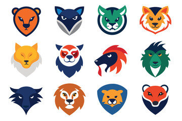 Vector art of a variety of colorful animal mascot heads for logos isolated on white background