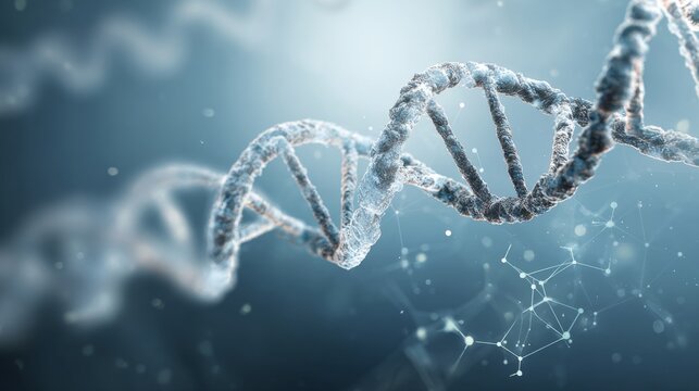 a 3d rendered molecular model of dna against a stylized background that suggests biological activity with abstract shapes