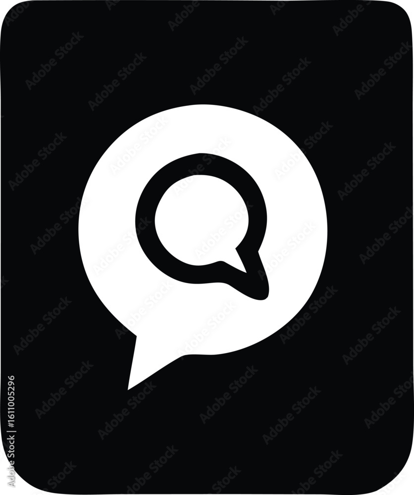 Poster minimalist black and white icon featuring a speech bubble with a magnifying glass symbol inside for 