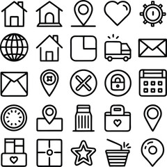 A collection of simple black and white outline icons representing various concepts like location communication and time