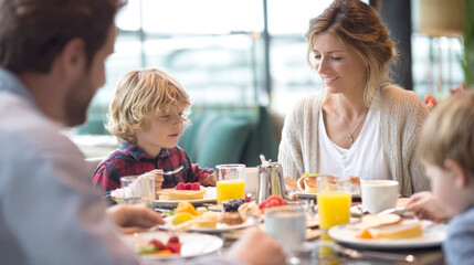 A candid and endearing scene of a family enjoying a delightful breakfast around a table, with focus on a mother smiling at her child as they eat pancakes and fruit