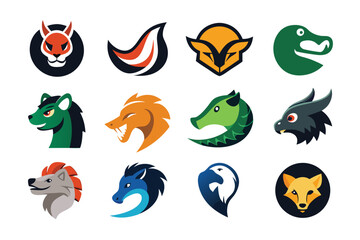Vector art of a collection of fierce animal and mythical creature logos isolated on white background