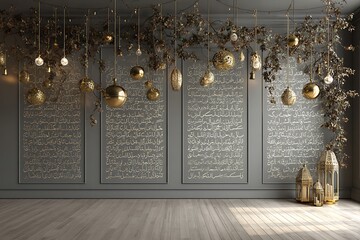 Elegant gold decorations and Arabic calligraphy create a luxurious and sophisticated ambiance, perfect for Ramadan celebrations and upscale decor