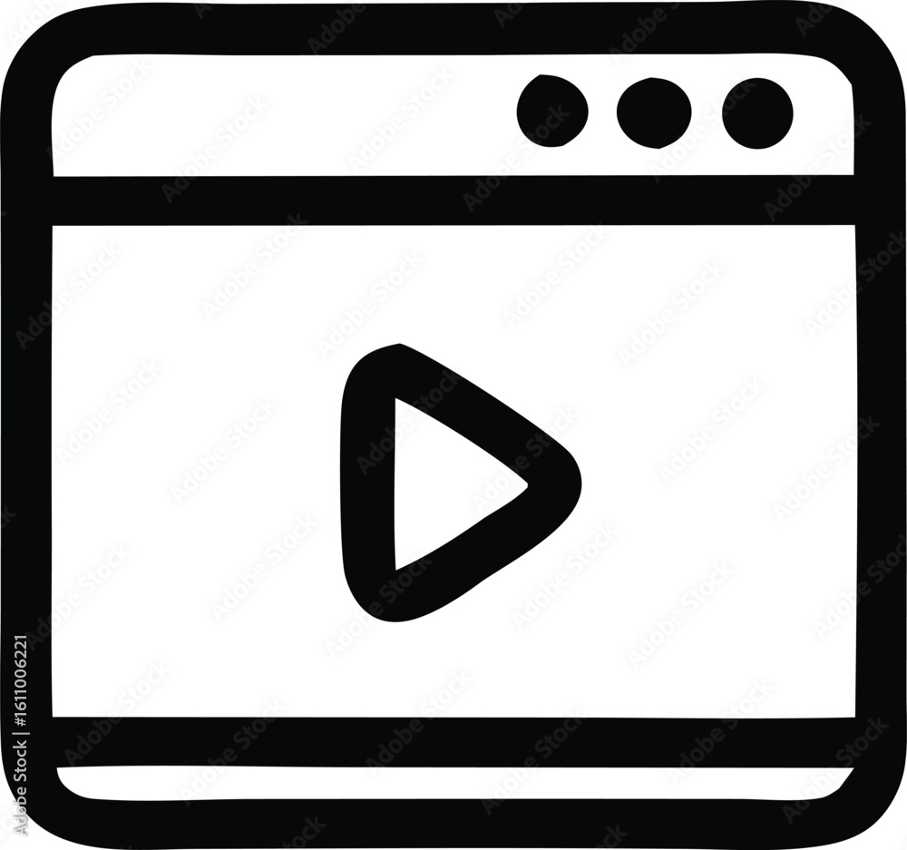 Poster simple outline icon representing a video player interface with a prominent play button on a white ba