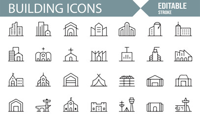 Modern Building Icons Set Featuring Offices, Homes, and Religious Structures
